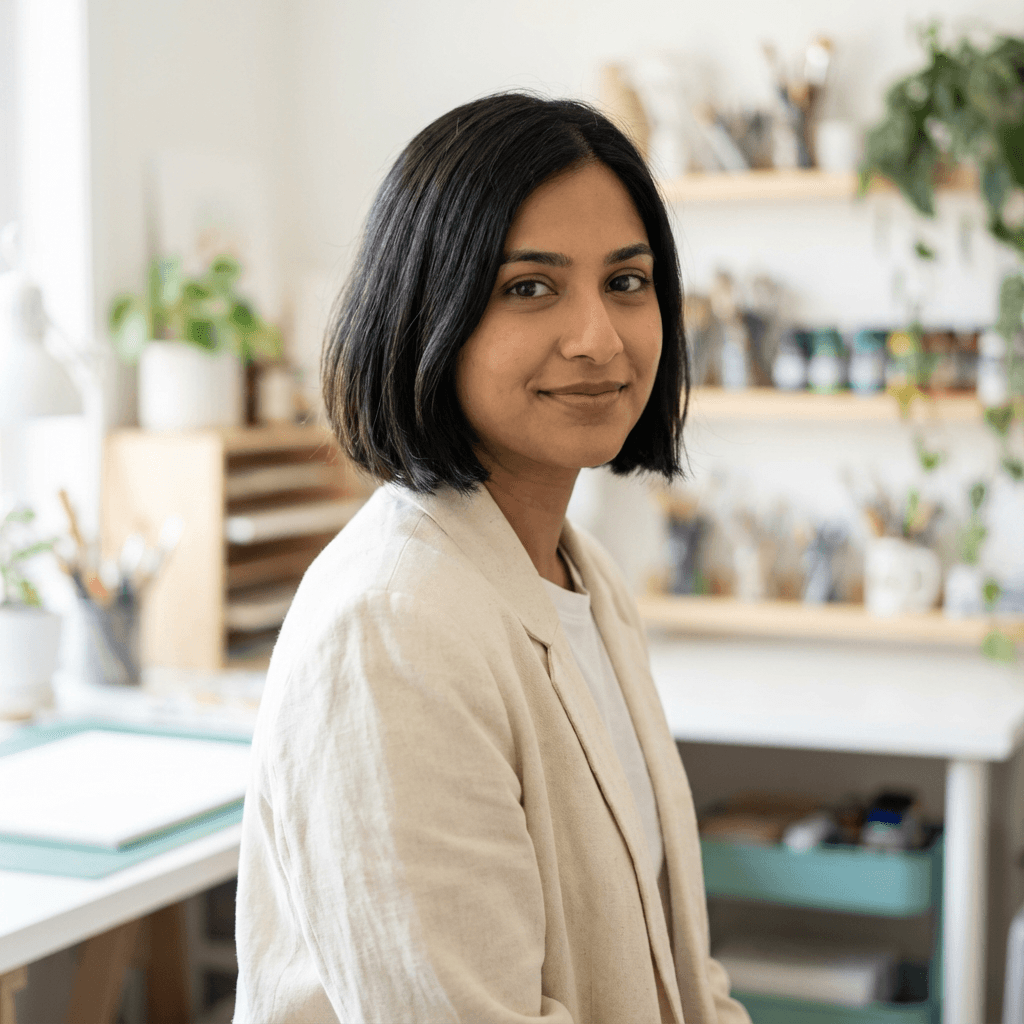 Female South Asian content creator smiling near computer monitor
