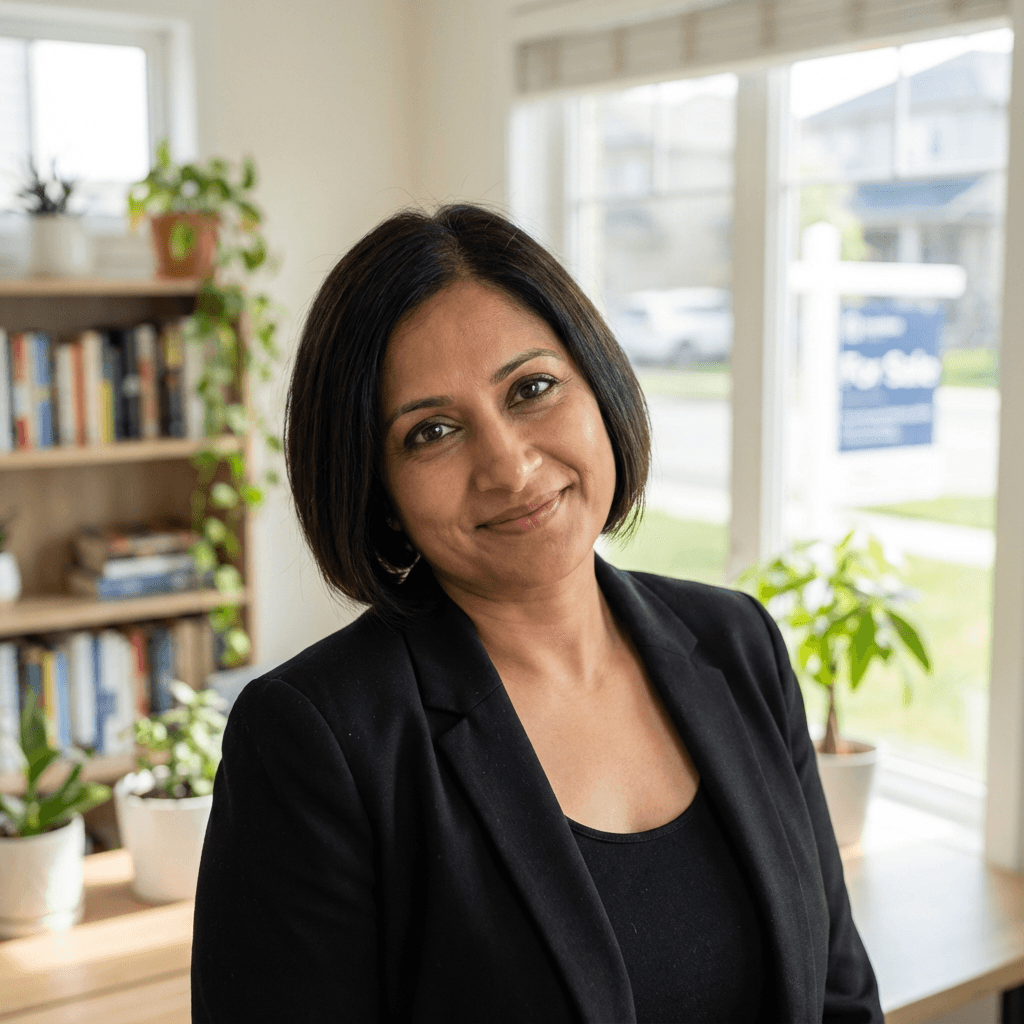 Young South Asian woman smiling in a modern office setting
