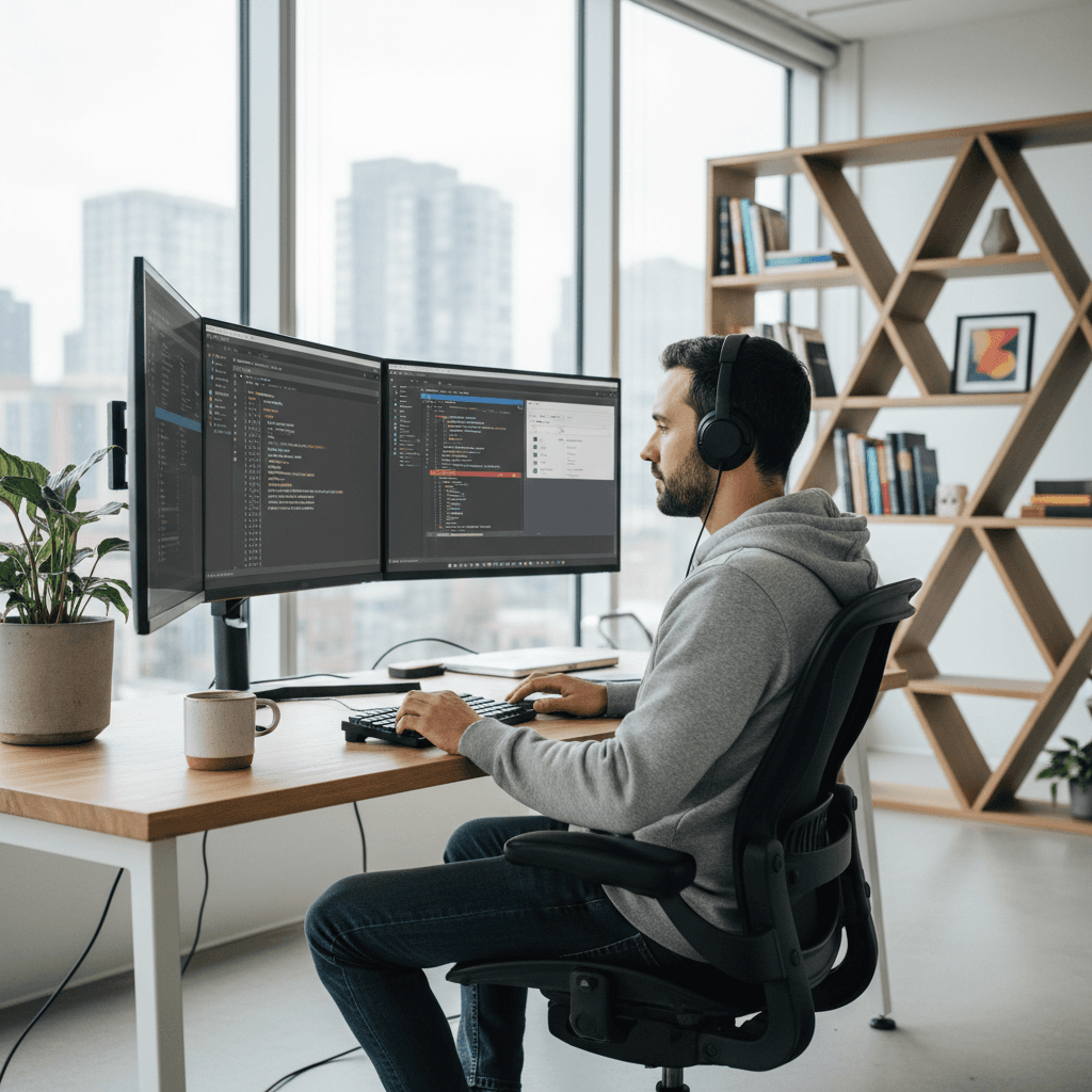 Developer working on multiple monitors in a clean modern office space