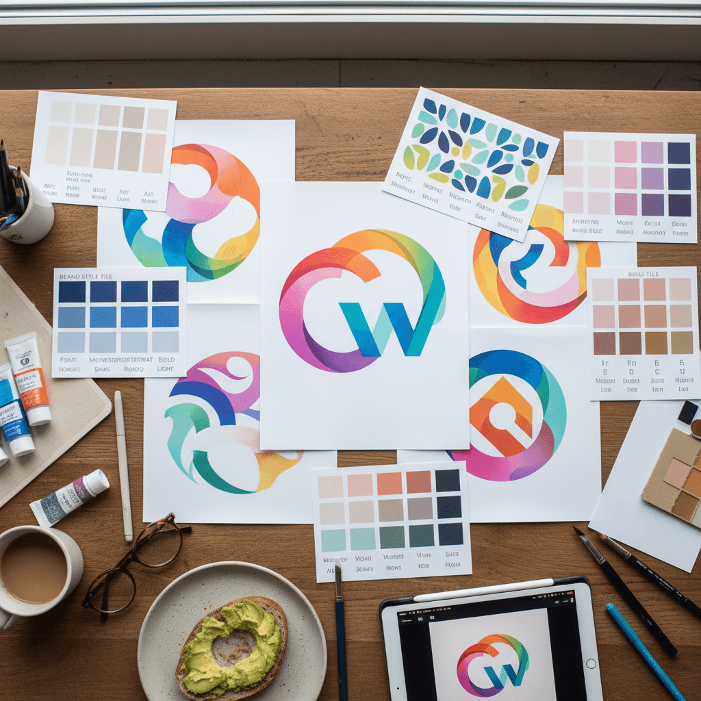 Logo design sketches and brand style tiles spread on a designer desk