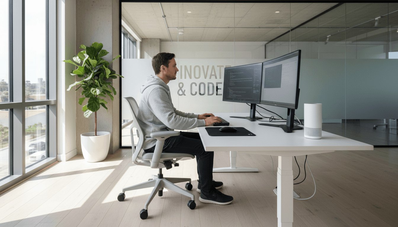 Developer working on dual monitors in a modern office