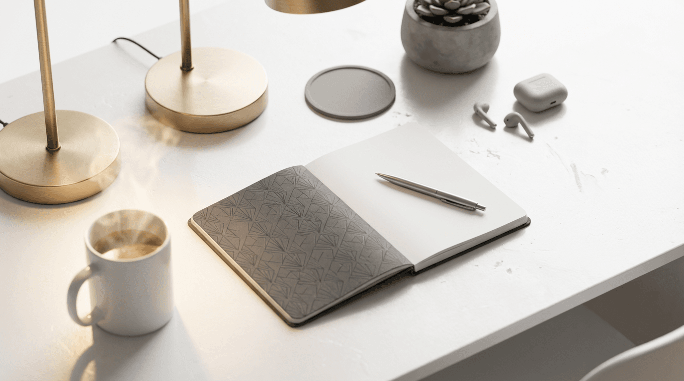 Clean desk with a laptop, notebook, and coffee in a bright home office
