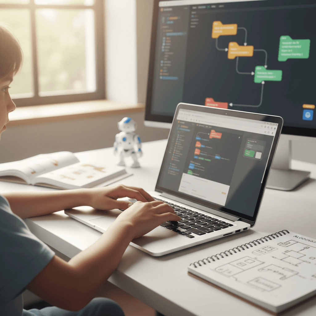 Developer working on a laptop in a bright, modern workspace