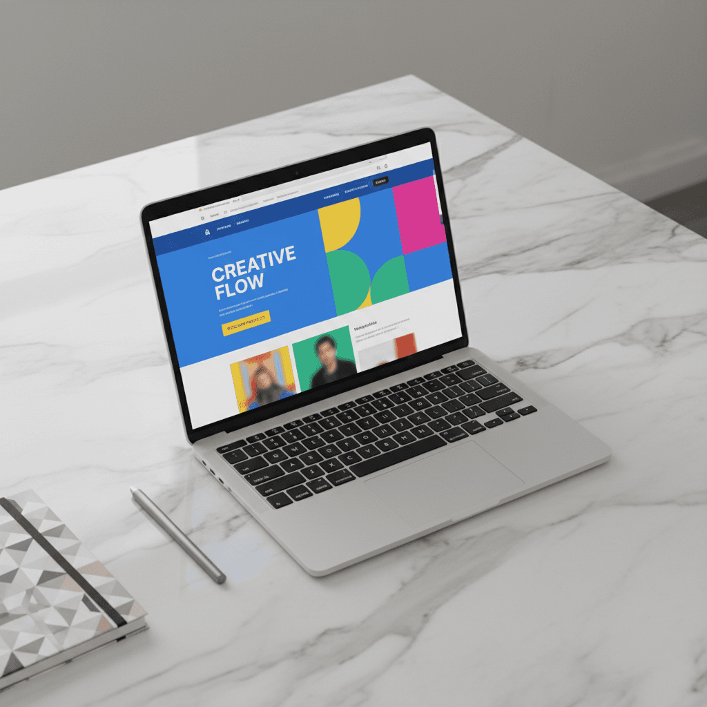 Laptop on a wooden desk showing a modern website design