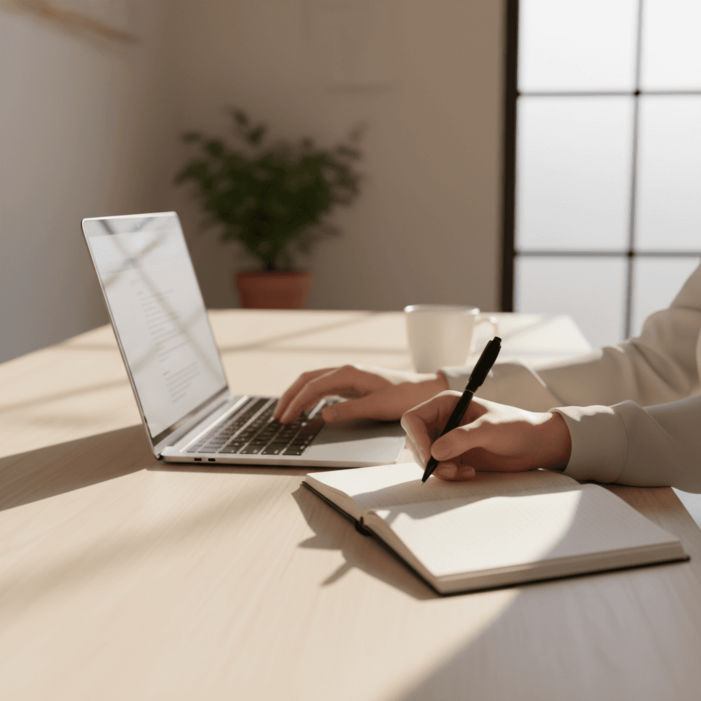 clean desk with laptop, notebook, and plant in a bright modern office
