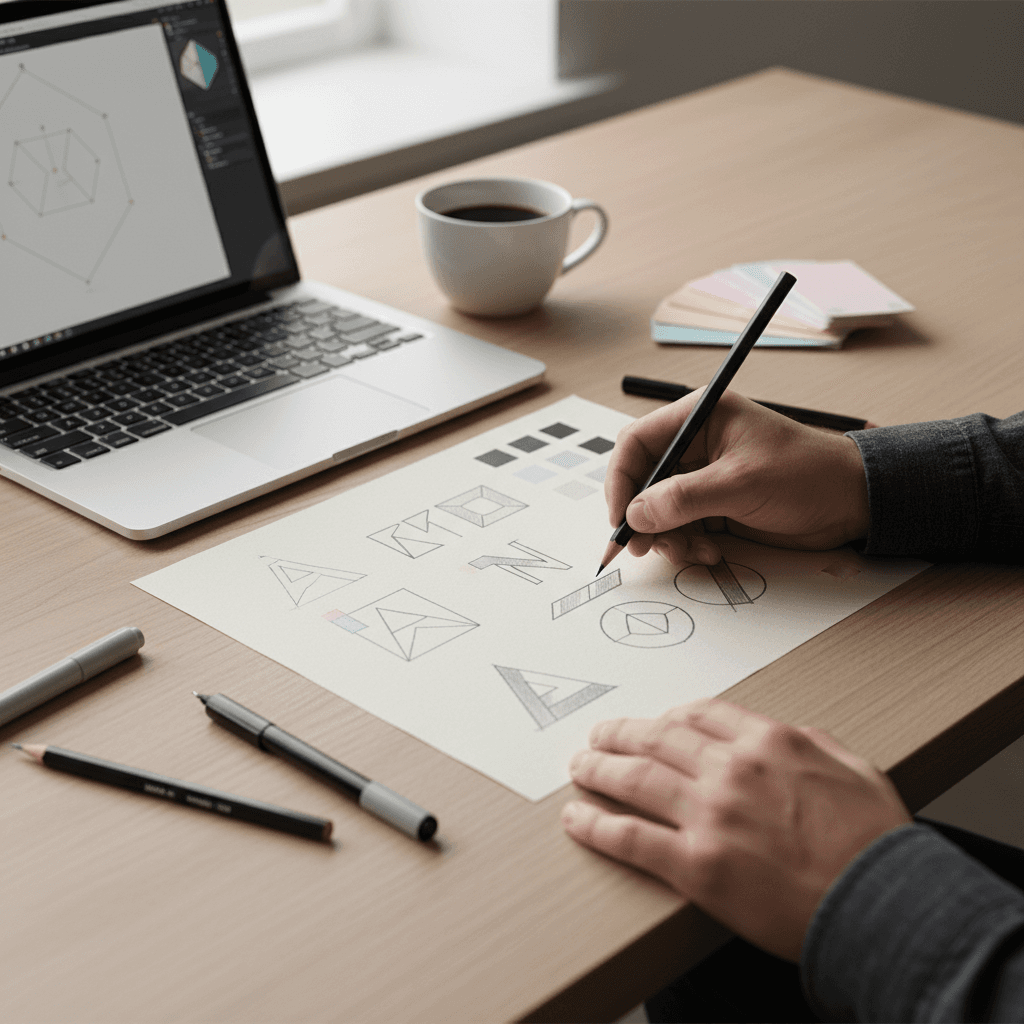 Business cards and logo sketches on a wooden table