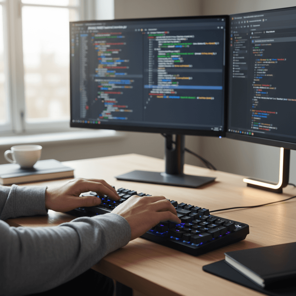 developer working on laptop with code on screen