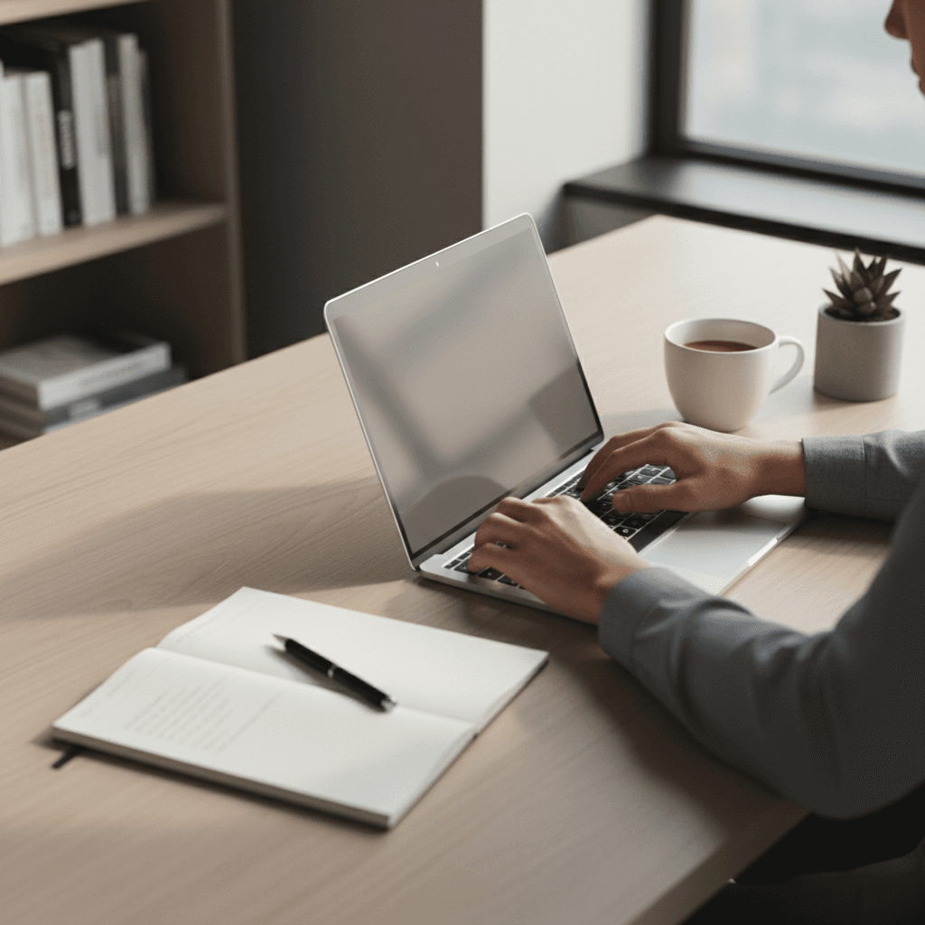 Clean desk with laptop and notebook in a bright modern workspace