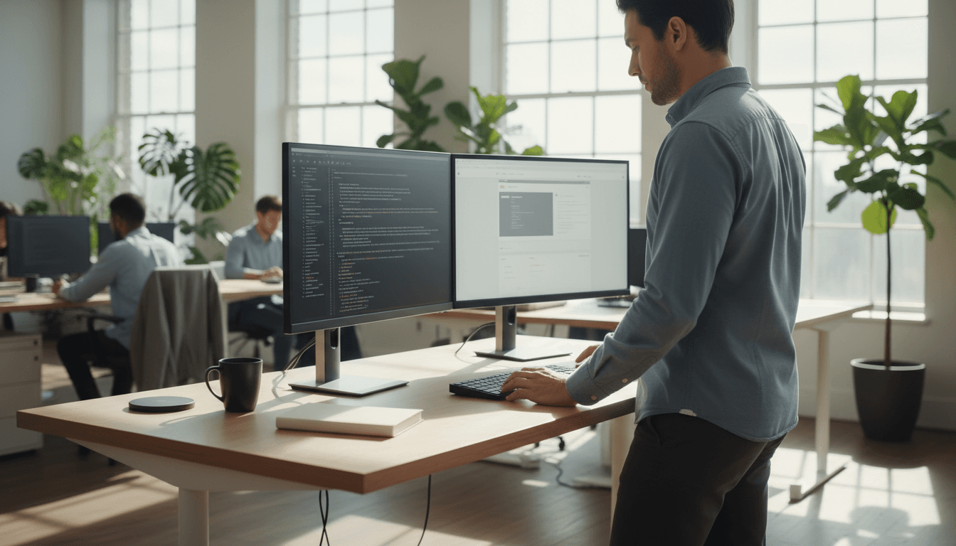 Developer working at a desk with dual monitors in a modern tech office