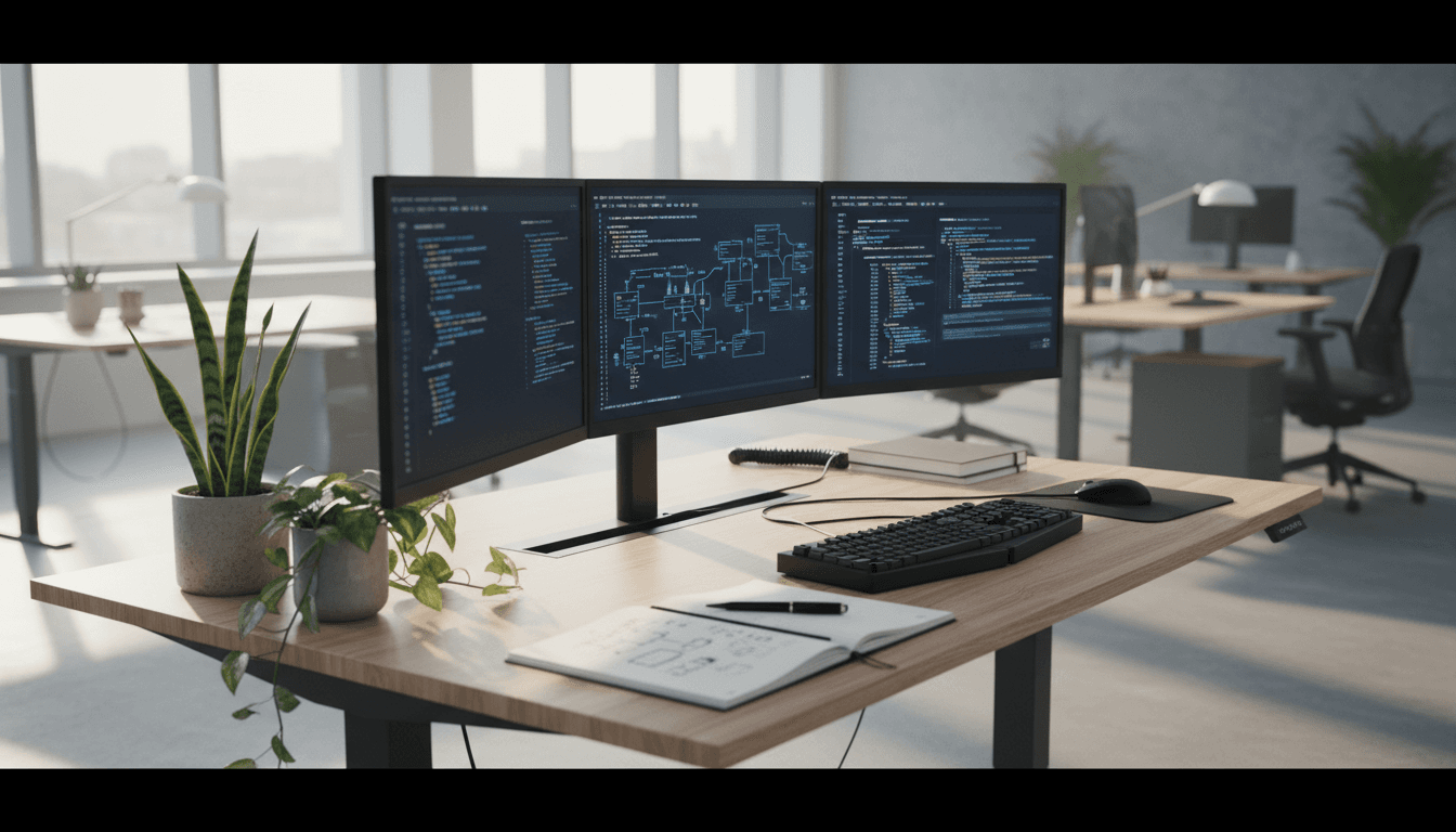 Developer working on a laptop and desktop monitor in a clean, modern workspace